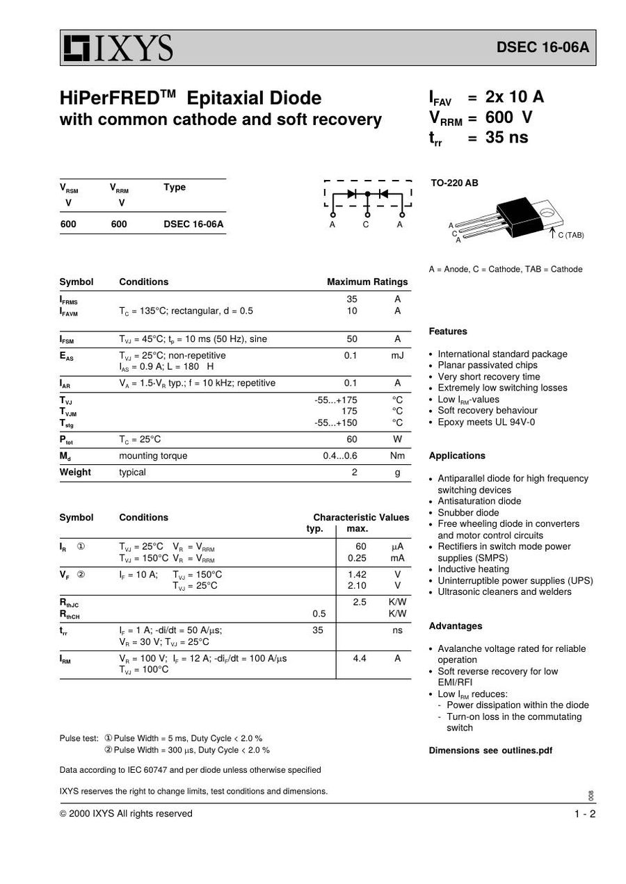 DSEC16-06A IXYS Rectifier & Schottky Diodes