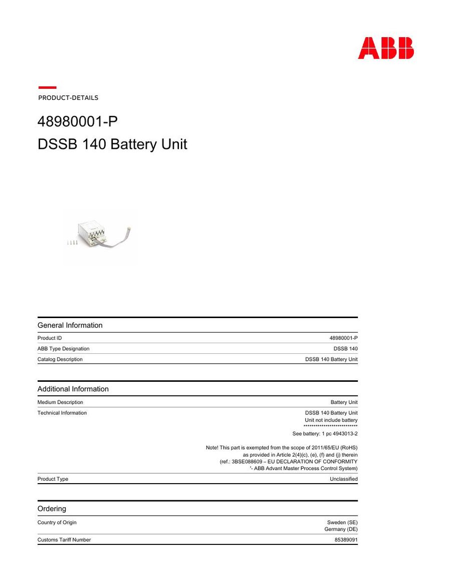 DSSB140, ABB, Battery Unit