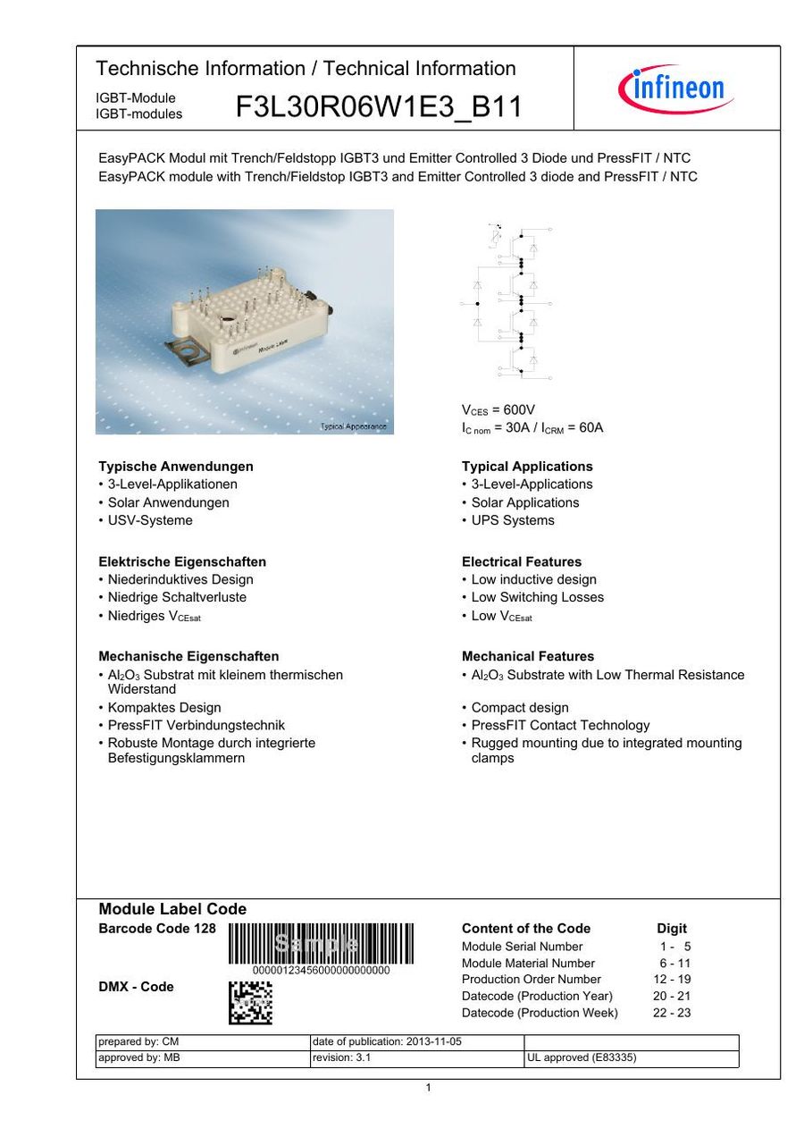 F3L30R06W1E3_B11 Infineon (Eupec) IGBT Modules