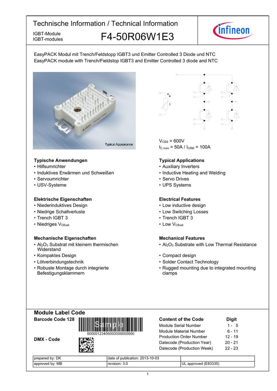 F4-50R06W1E3 Infineon (Eupec) IGBT Modules