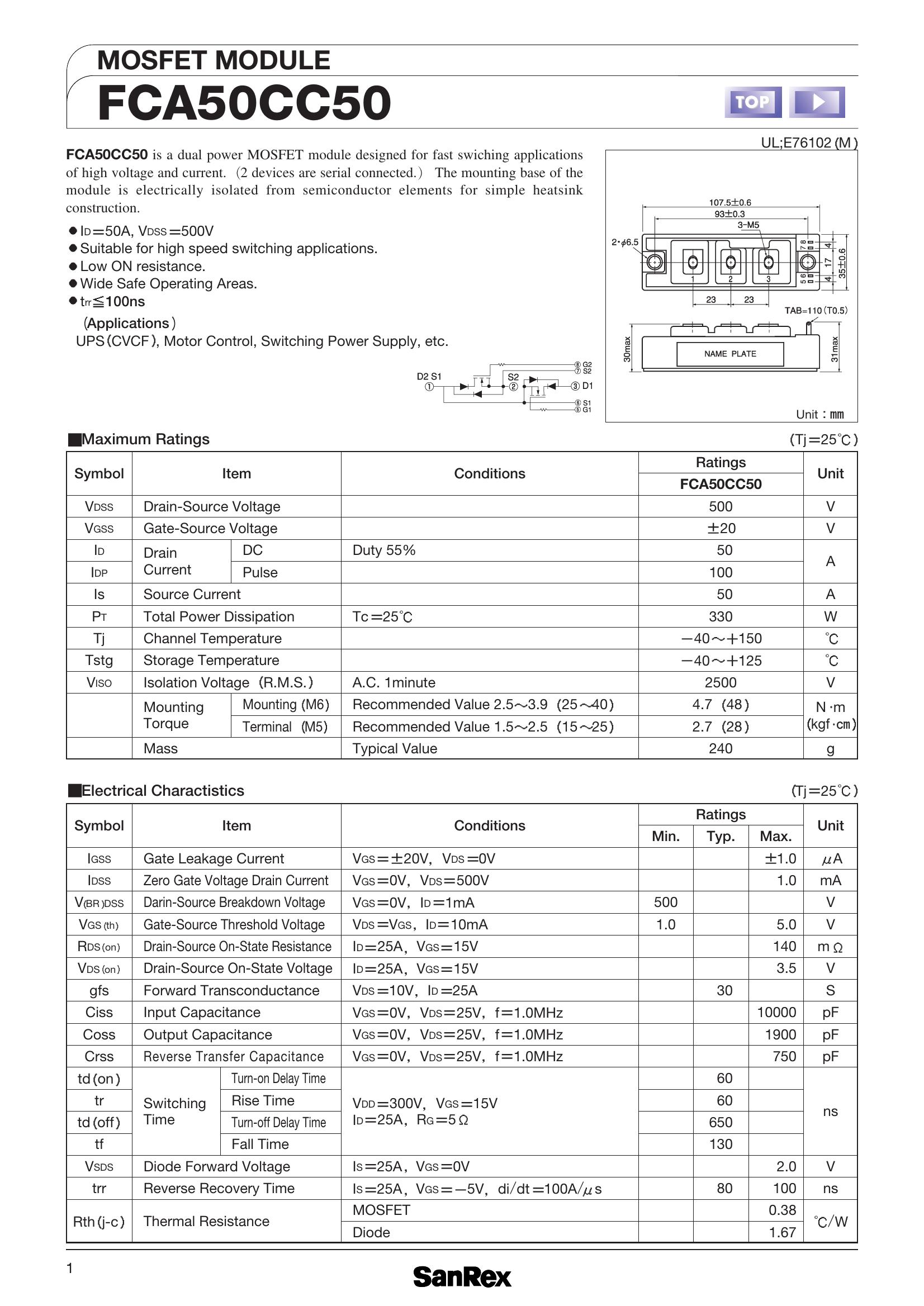 FCA50CC50 SanRex MOSFET Modules