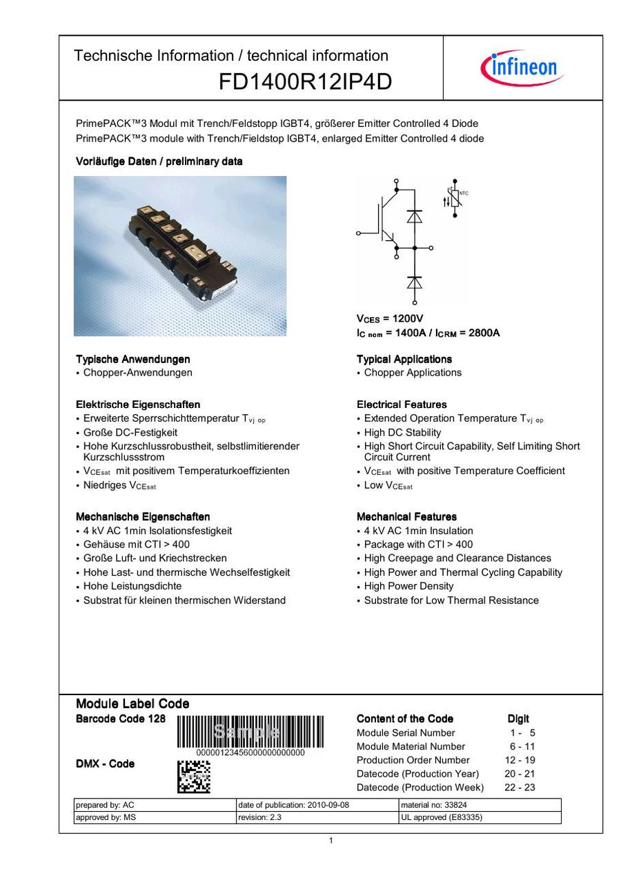 FD1400R12IP4D Infineon (Eupec) IGBT Modules