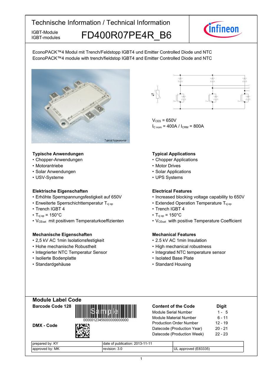 FD400R07PE4_B6 IGBT from Eupec Infineon