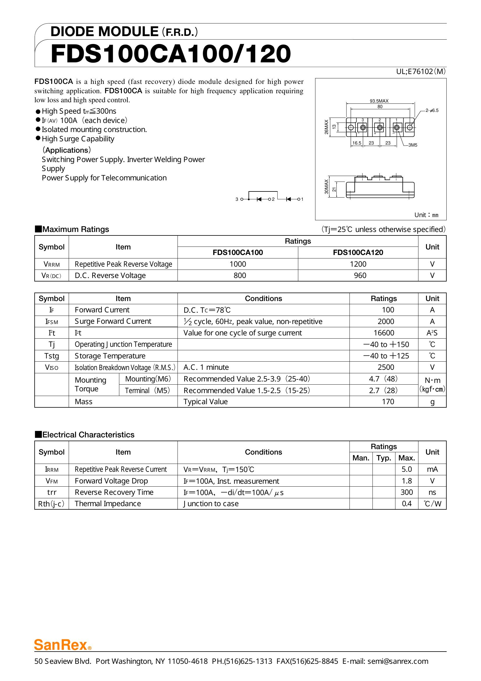 FDS100CA120, SanRex, Power Transistor Module