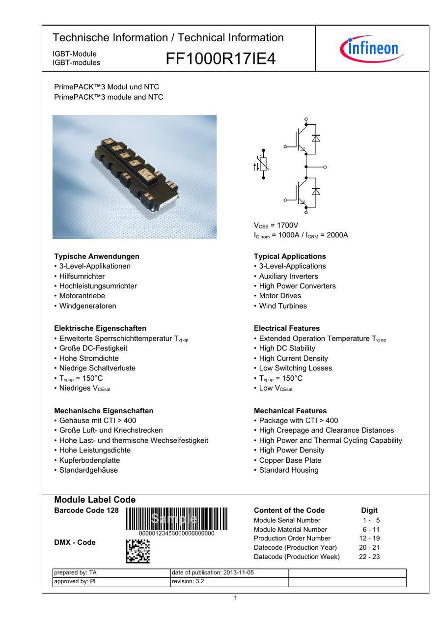 FF1000R17IE4, INFINEON, IGBT Module - PrimePACK™3 Module and NTC