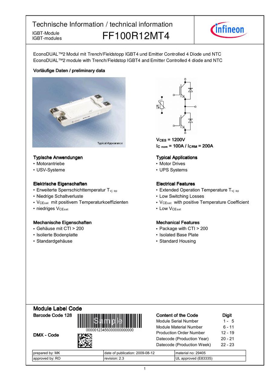 FF100R12MT4 Infineon (Eupec) IGBT Modules