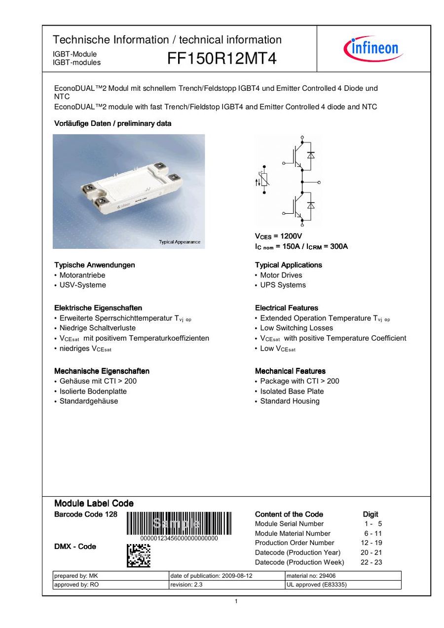 FF150R12MT4 Infineon (Eupec) IGBT Modules