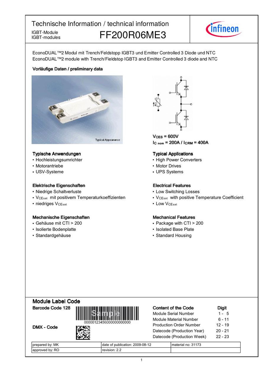 FF200R06ME3 Infineon (Eupec) IGBT Modules