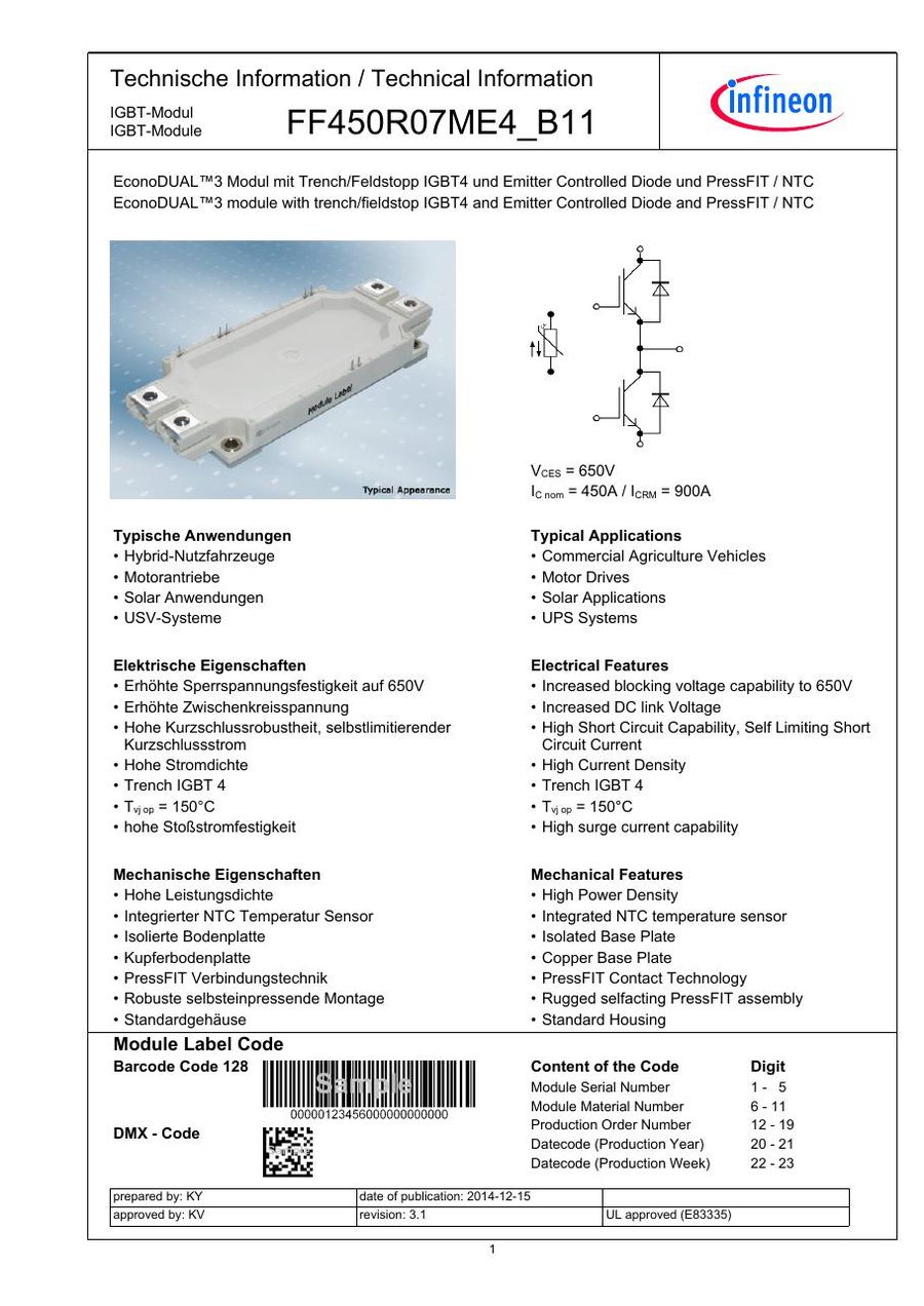 FF450R07ME4_B11 Infineon (Eupec) IGBT Modules