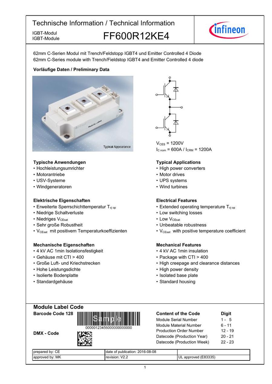 FF600R12KE4 Infineon (Eupec) IGBT Modules
