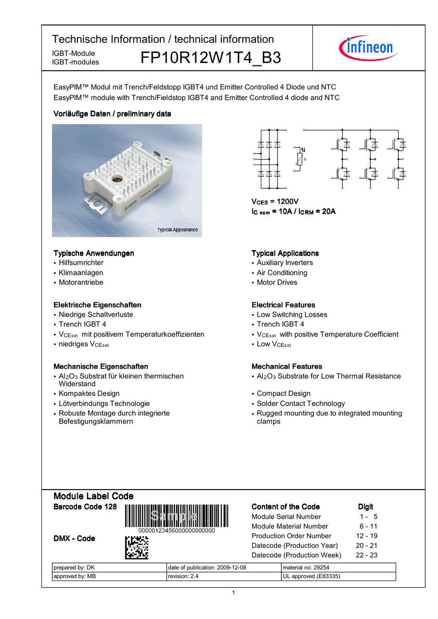 FP10R12W1T4_B3 Infineon (Eupec) IGBT Modules