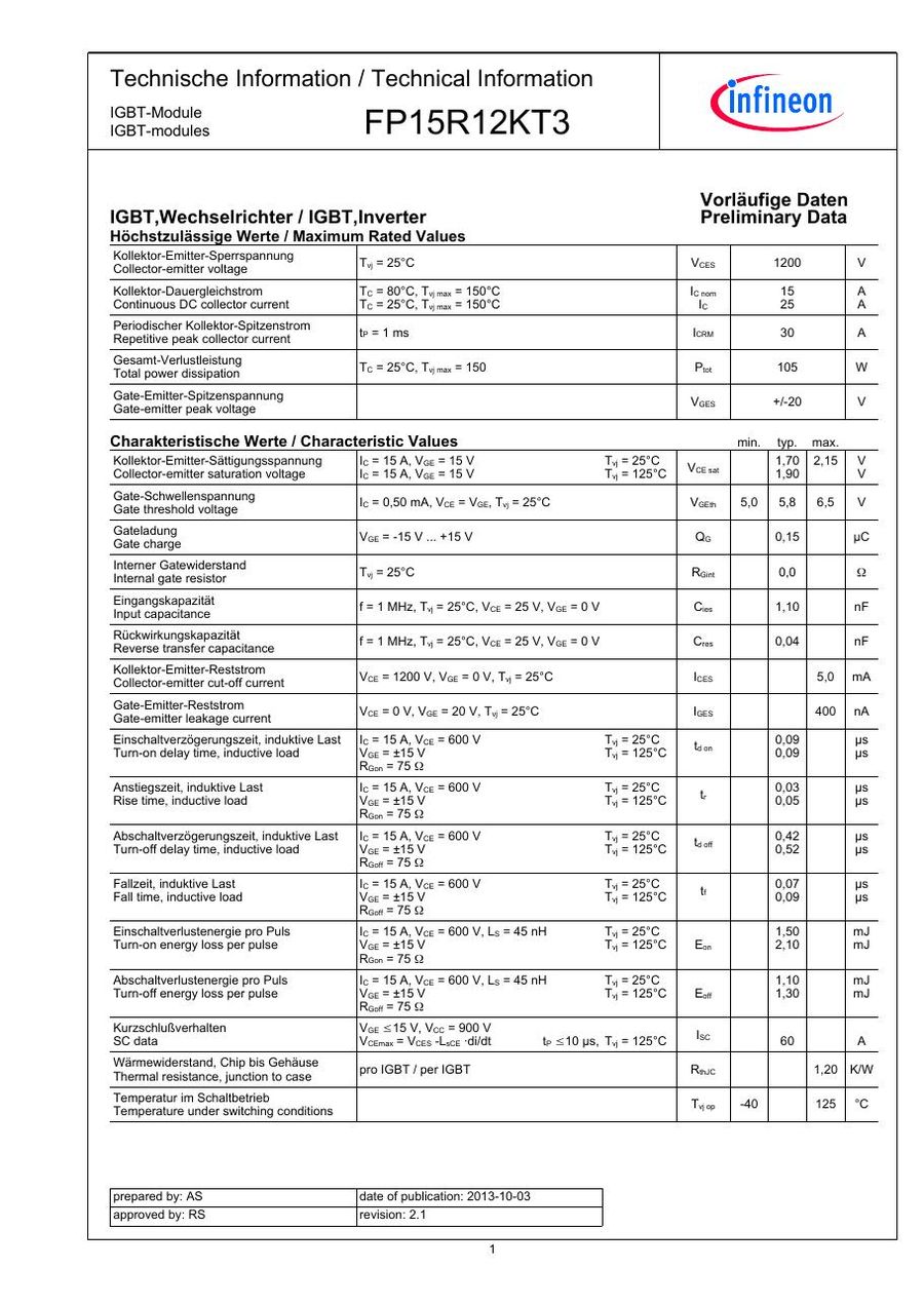 FP15R12KT3 Infineon (Eupec) IGBT Modules