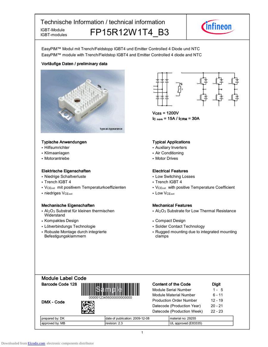 FP15R12W1T4-B3 Infineon (Eupec) IGBT Modules