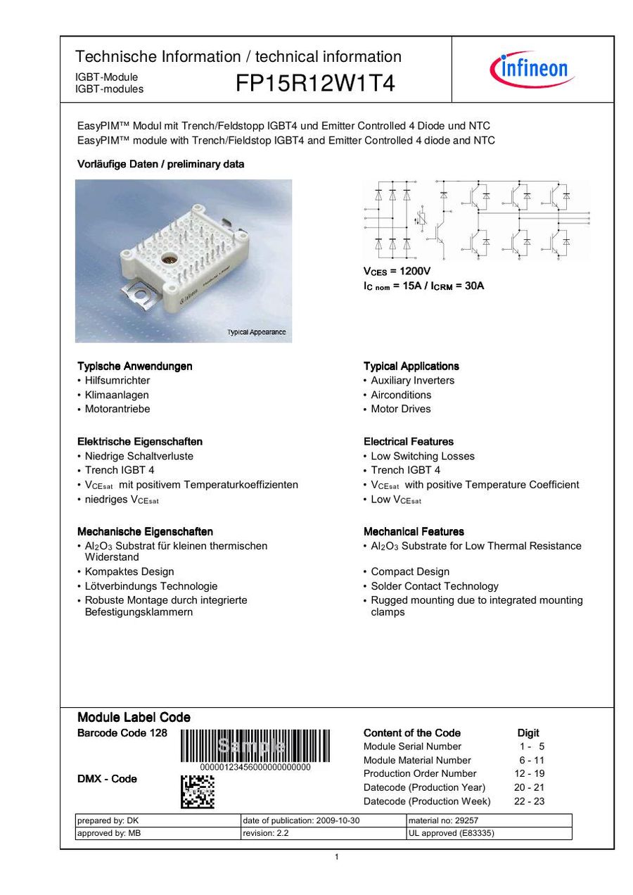 FP15R12W1T4, Infineon, Infineon power module