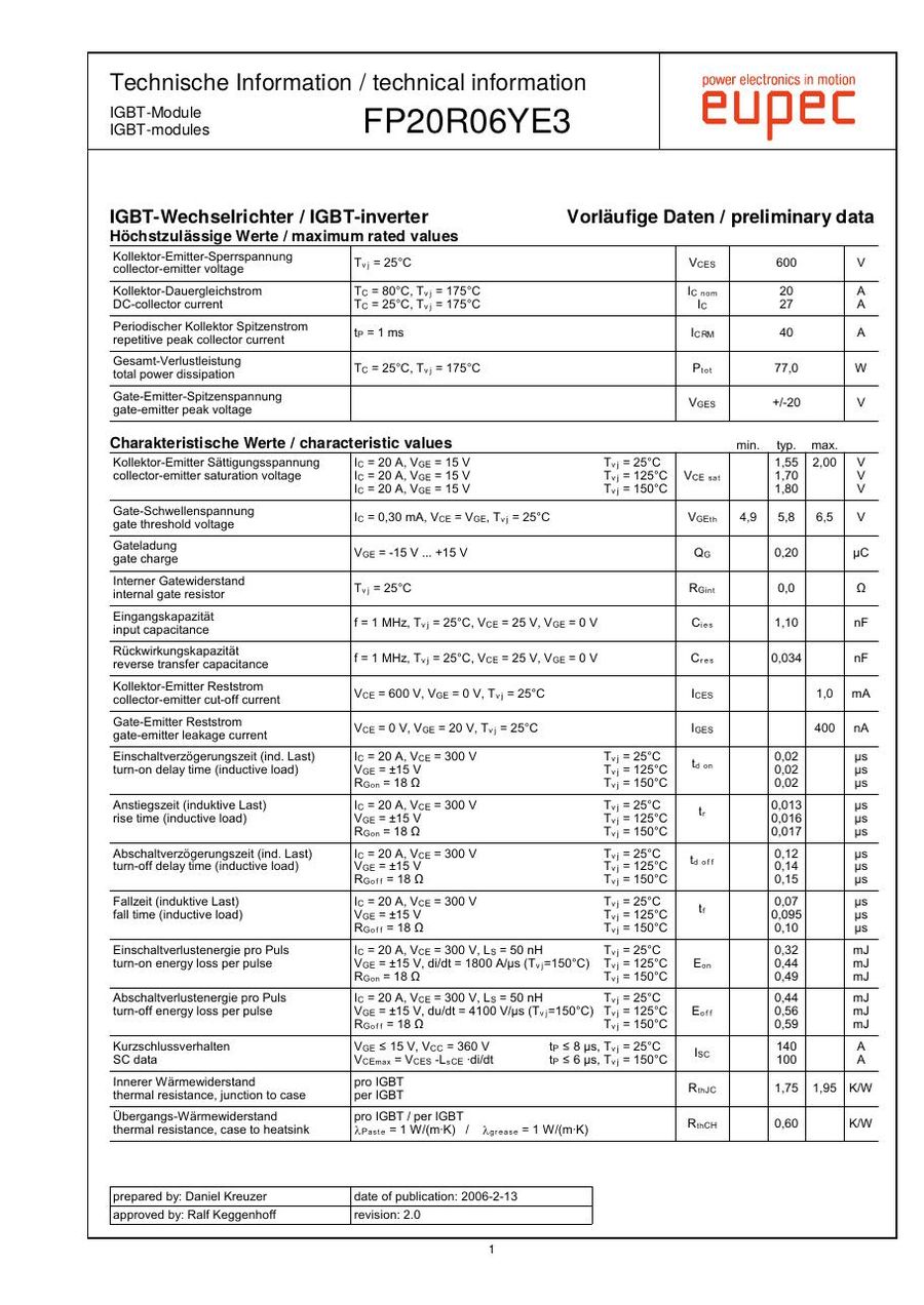 FP20R06YE3 Infineon (Eupec) IGBT Modules
