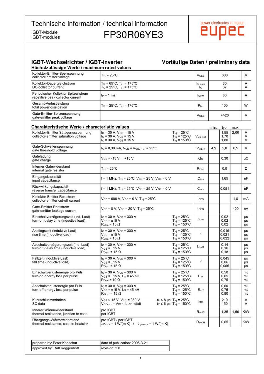 FP30R06YE3 Infineon (Eupec) IGBT Modules