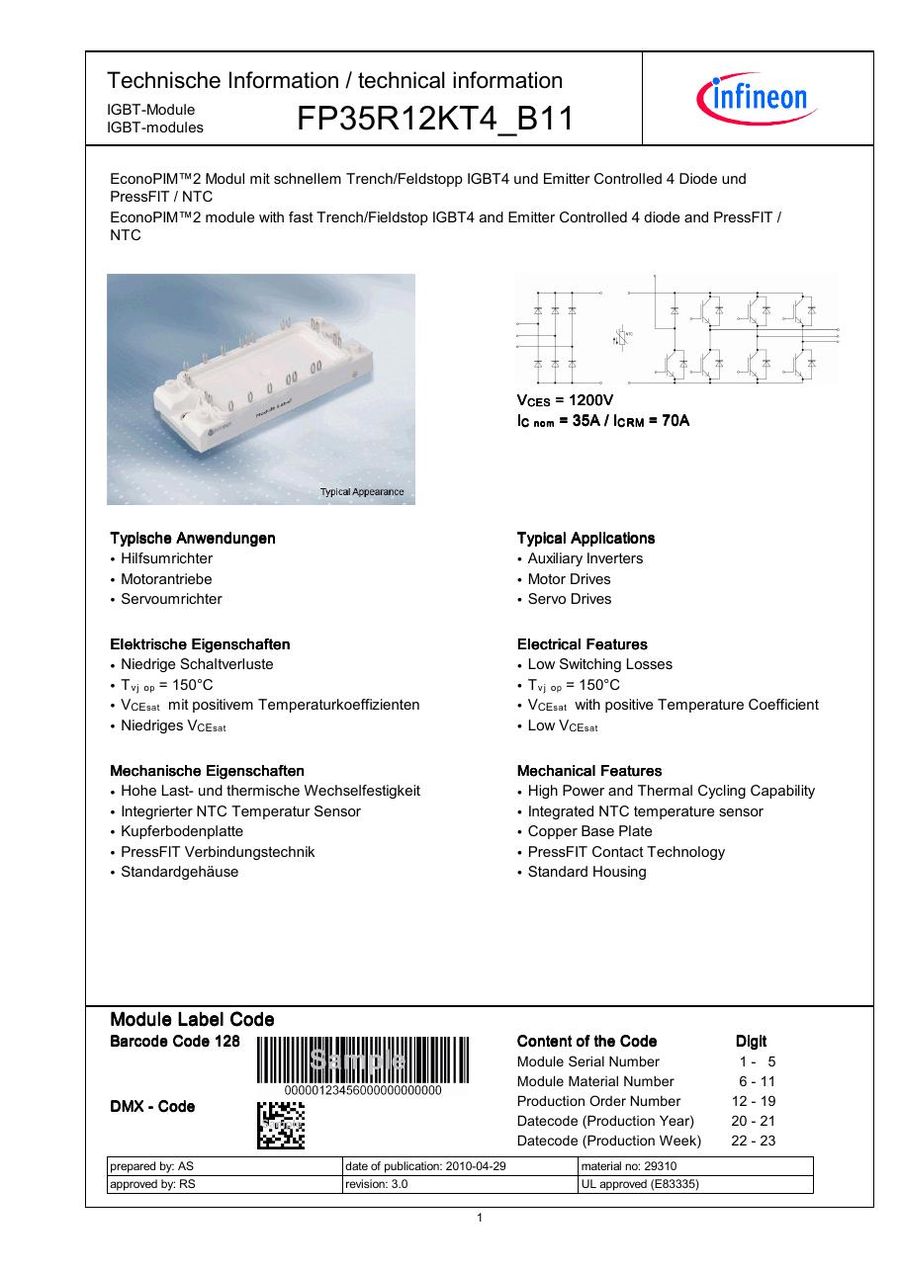 FP35R12KT4-B11 Infineon (Eupec) IGBT Modules