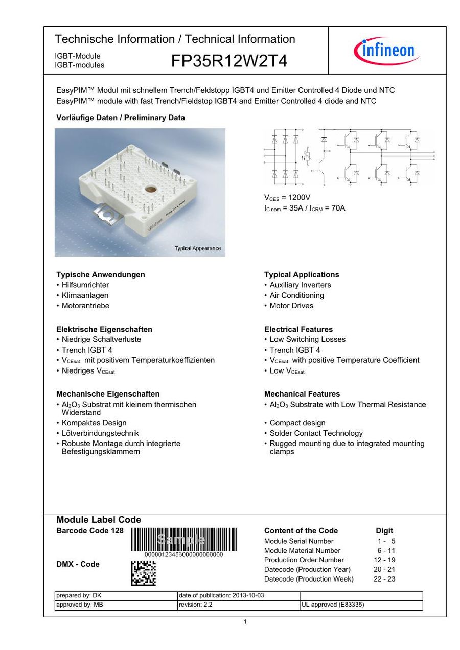 FP35R12W2T4 Infineon (Eupec) IGBT Modules