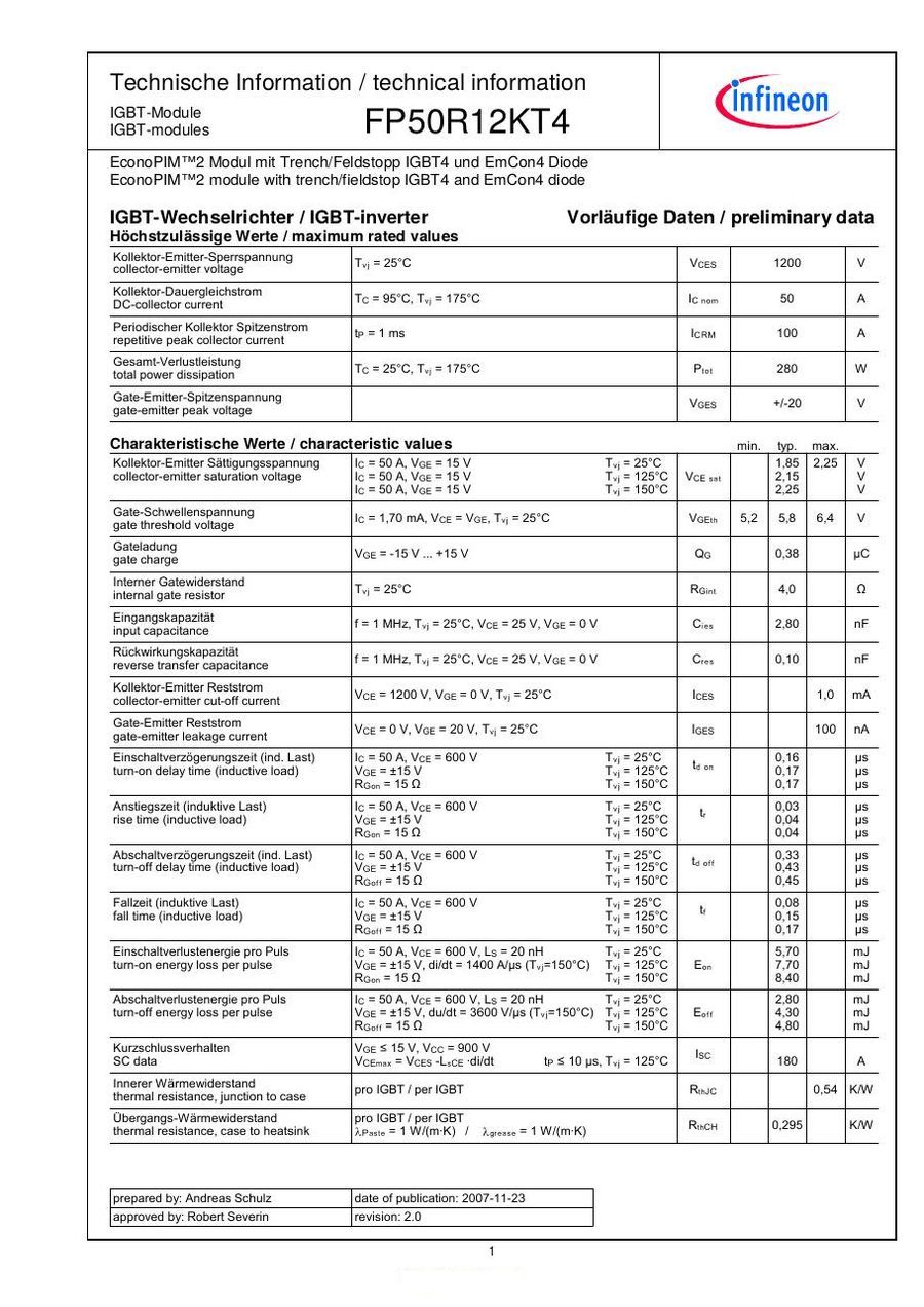 FP50R12KT4, Eupec Infineon power module