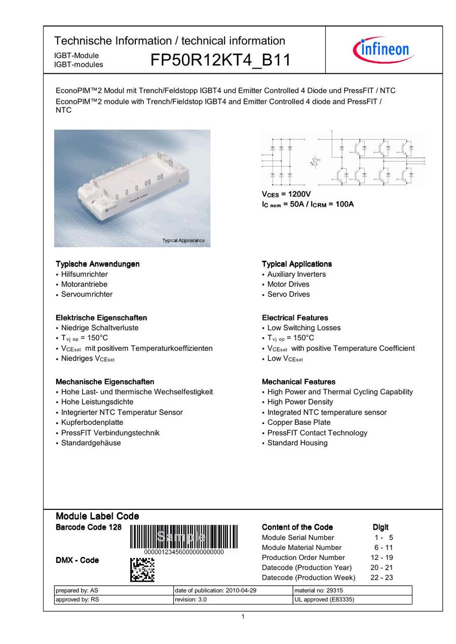 FP50R12KT4_B11 Infineon IGBT MODULE