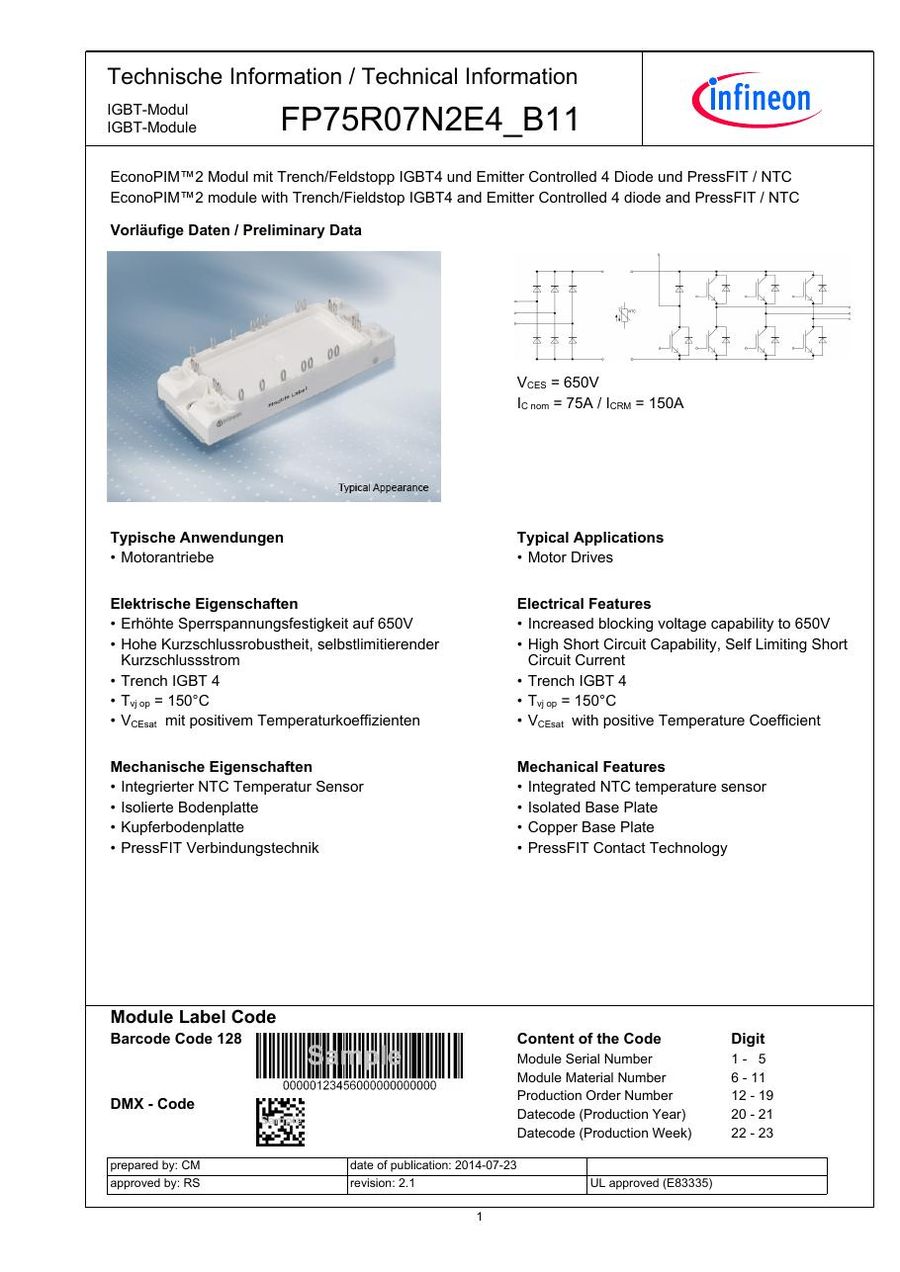 FP75R07N2E4_B11 Infineon (Eupec) IGBT Modules