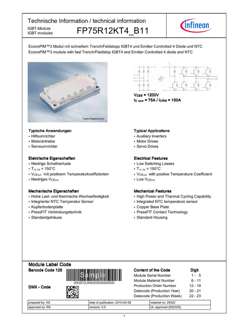 FP75R12KT4 Infineon (Eupec) IGBT Modules