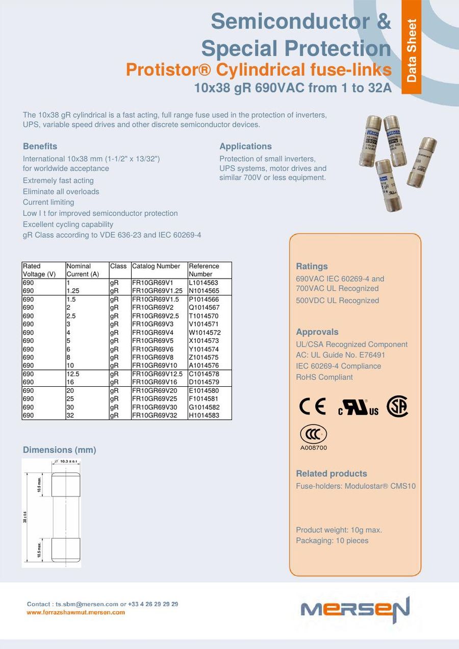 FR10GR69V10, FERRAZ, Protistor® Cylindrical Fuse-links