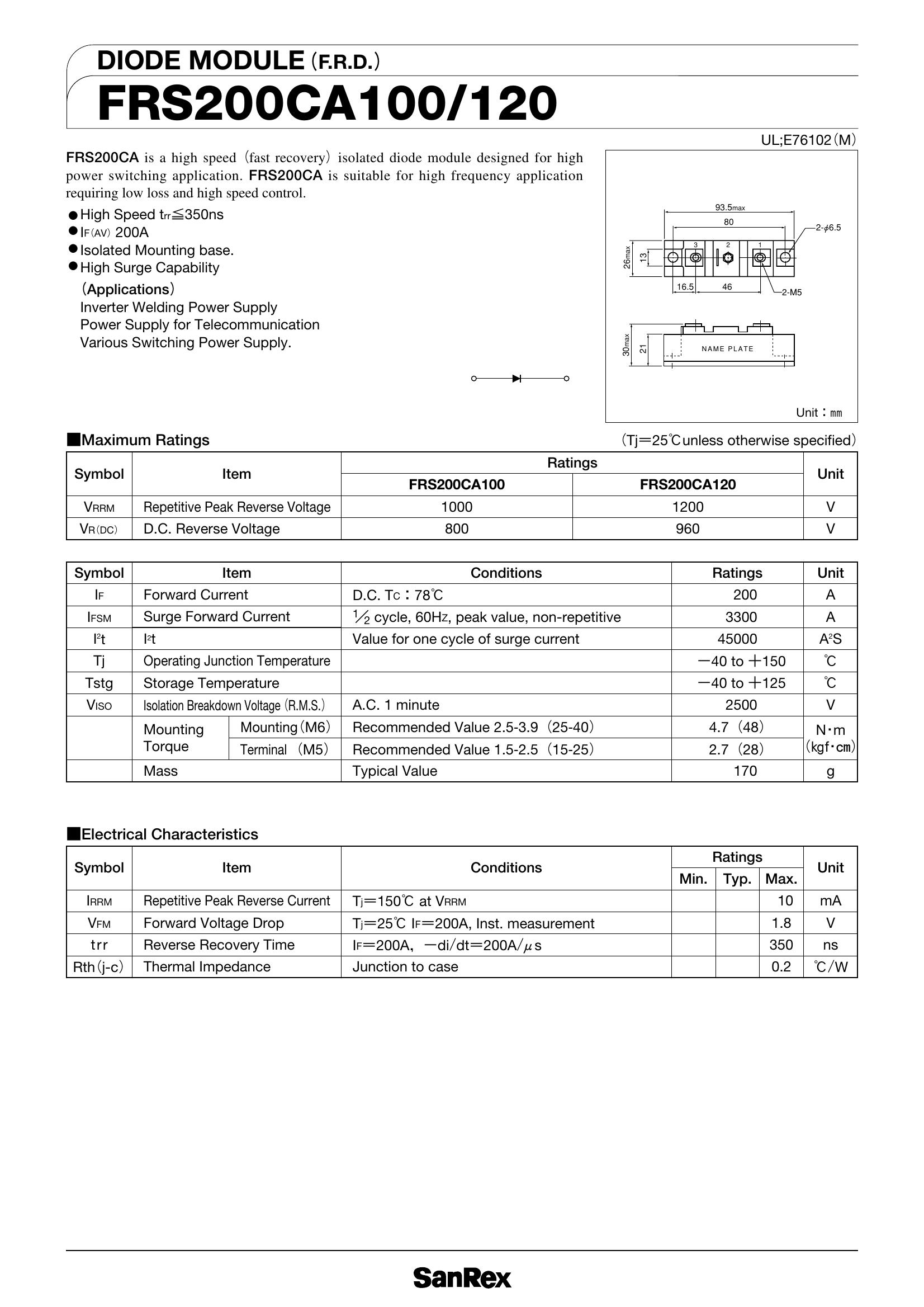FRS200CA120 SanRex Diode Module
