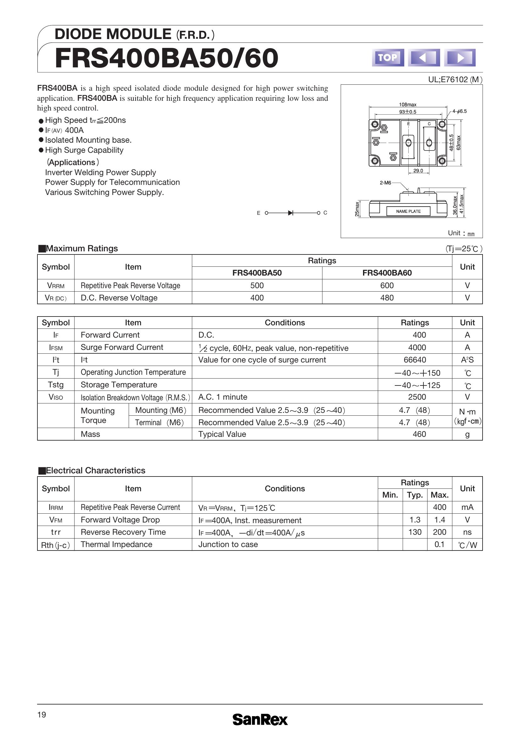 FRS400BA60 SanRex Diode & Rectifier Modules