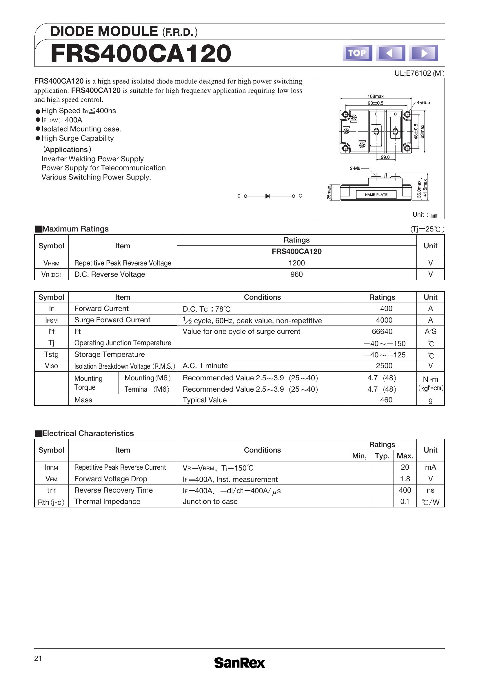 FRS400CA120 SanRex Diode & Rectifier Modules