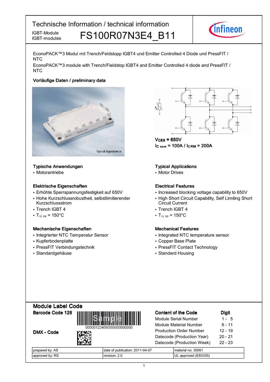 FS100R07N3E4_B11 Infineon (Eupec) IGBT Modules