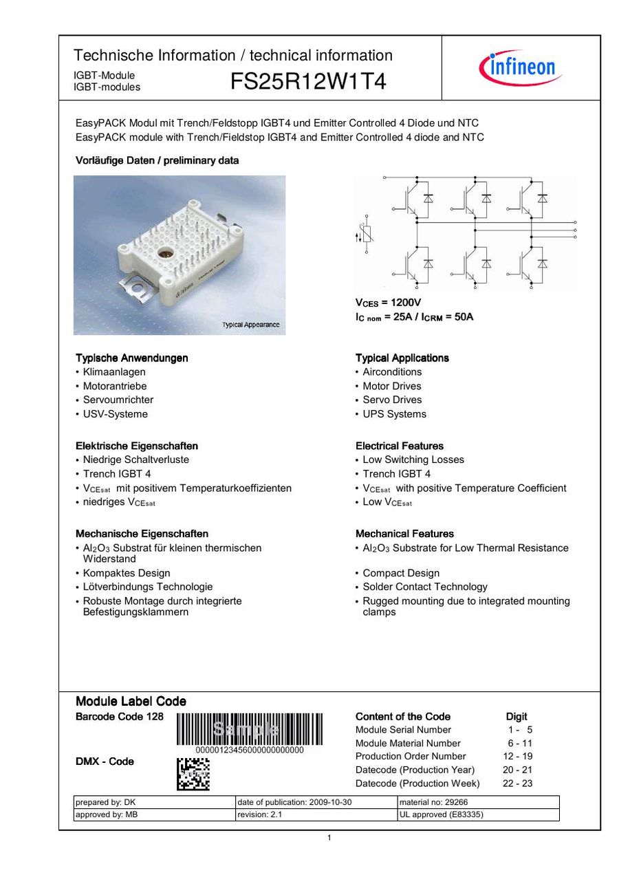 FS25R12W1T4 Infineon (Eupec) IGBT Modules