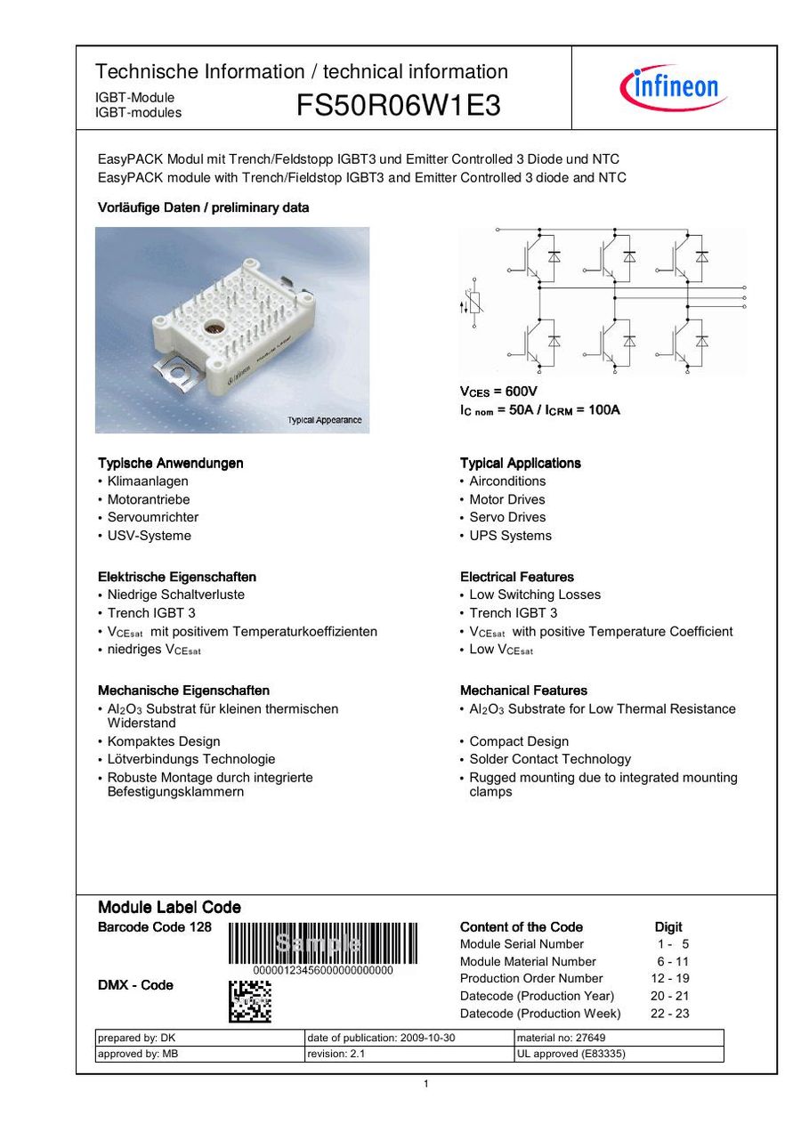 FS50R06W1E3 Infineon (Eupec) IGBT Modules