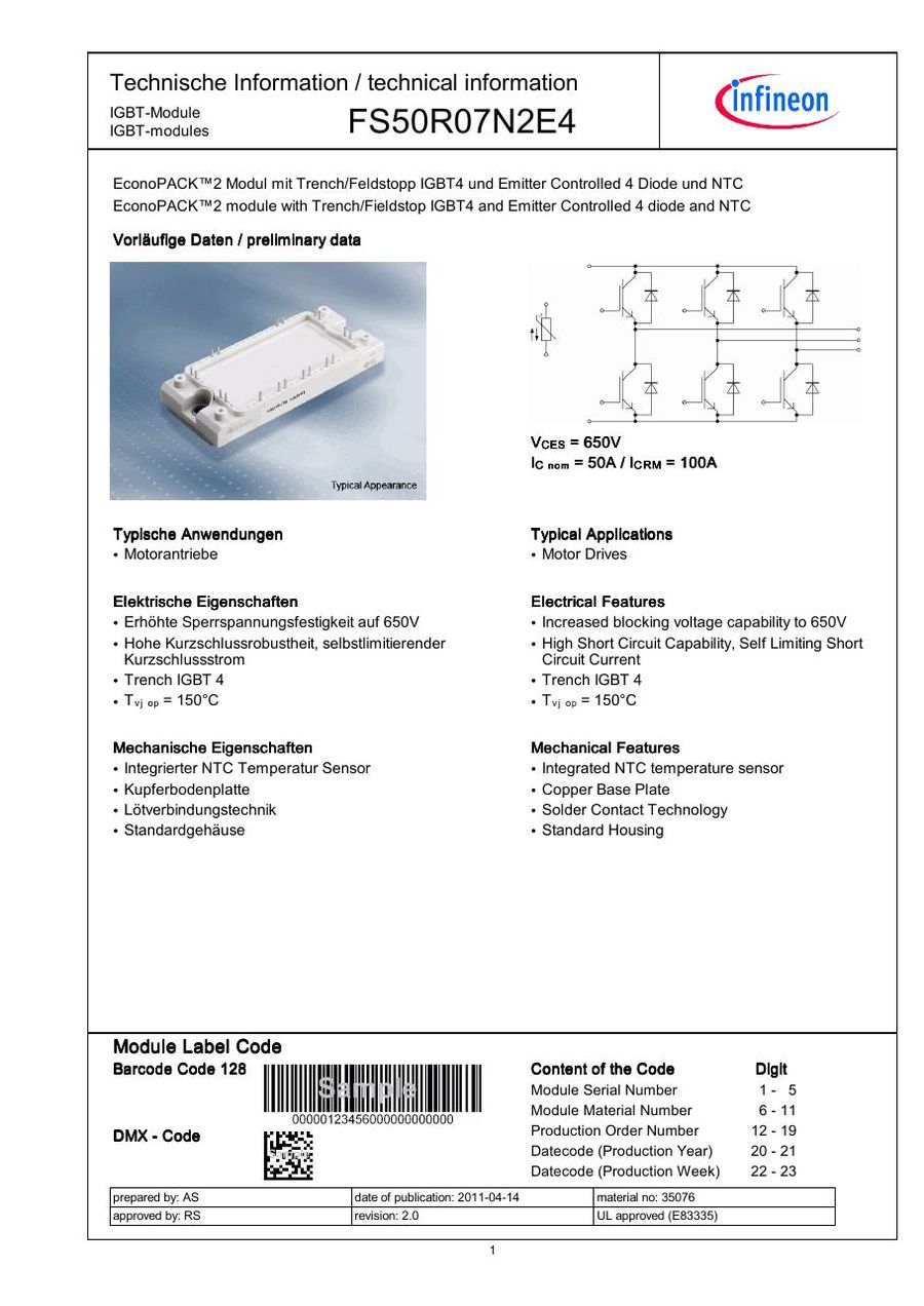 FS50R07N2E4 Infineon (Eupec) IGBT Modules