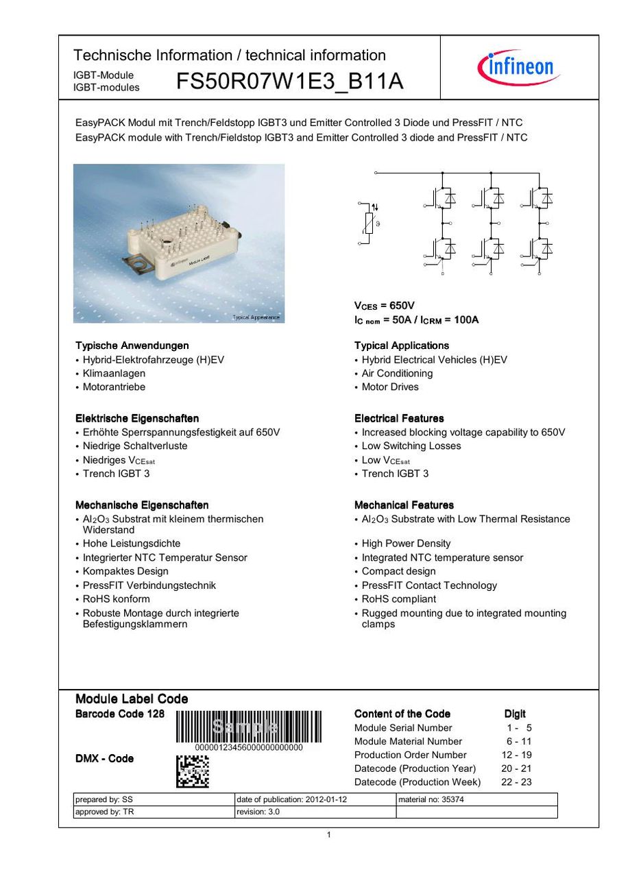 FS50R07W1E3_B11A Infineon (Eupec) IGBT Modules