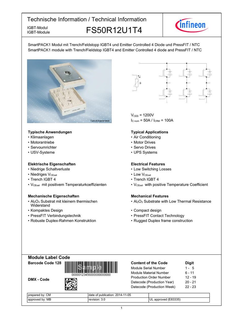 FS50R12U1T4 Infineon (Eupec) IGBT Modules