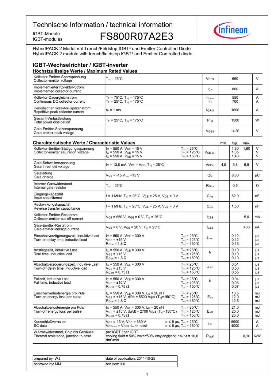 FS800R07A2E3, INFINEON, IGBT Module - HybridPACK™2 Module with Trench/Fieldstop IGBT3 and Emitter Controlled 3 Diode and NTC