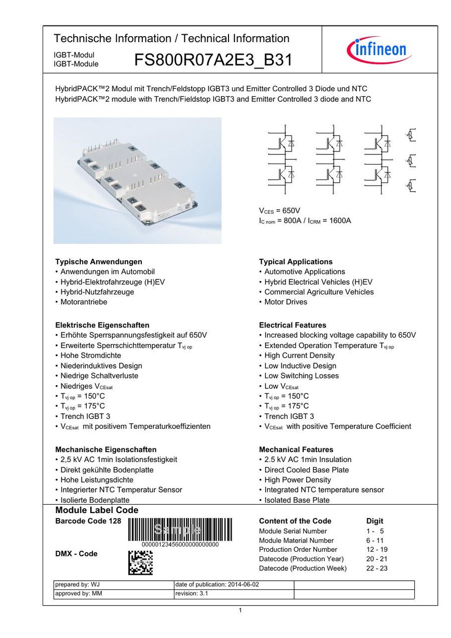 FS800R07A2E3_B31 Infineon (Eupec) IGBT Modules