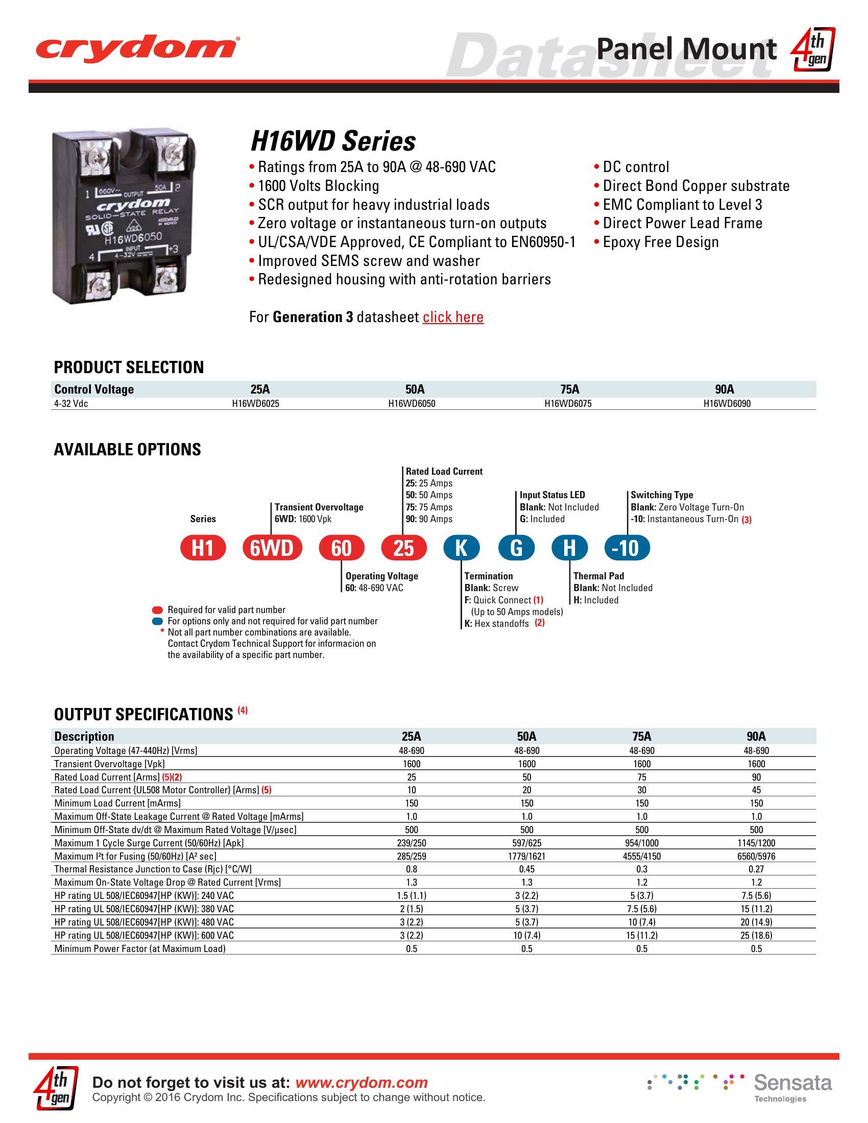 H16WD6075G Crydom Solid State Relays & I/O Modules