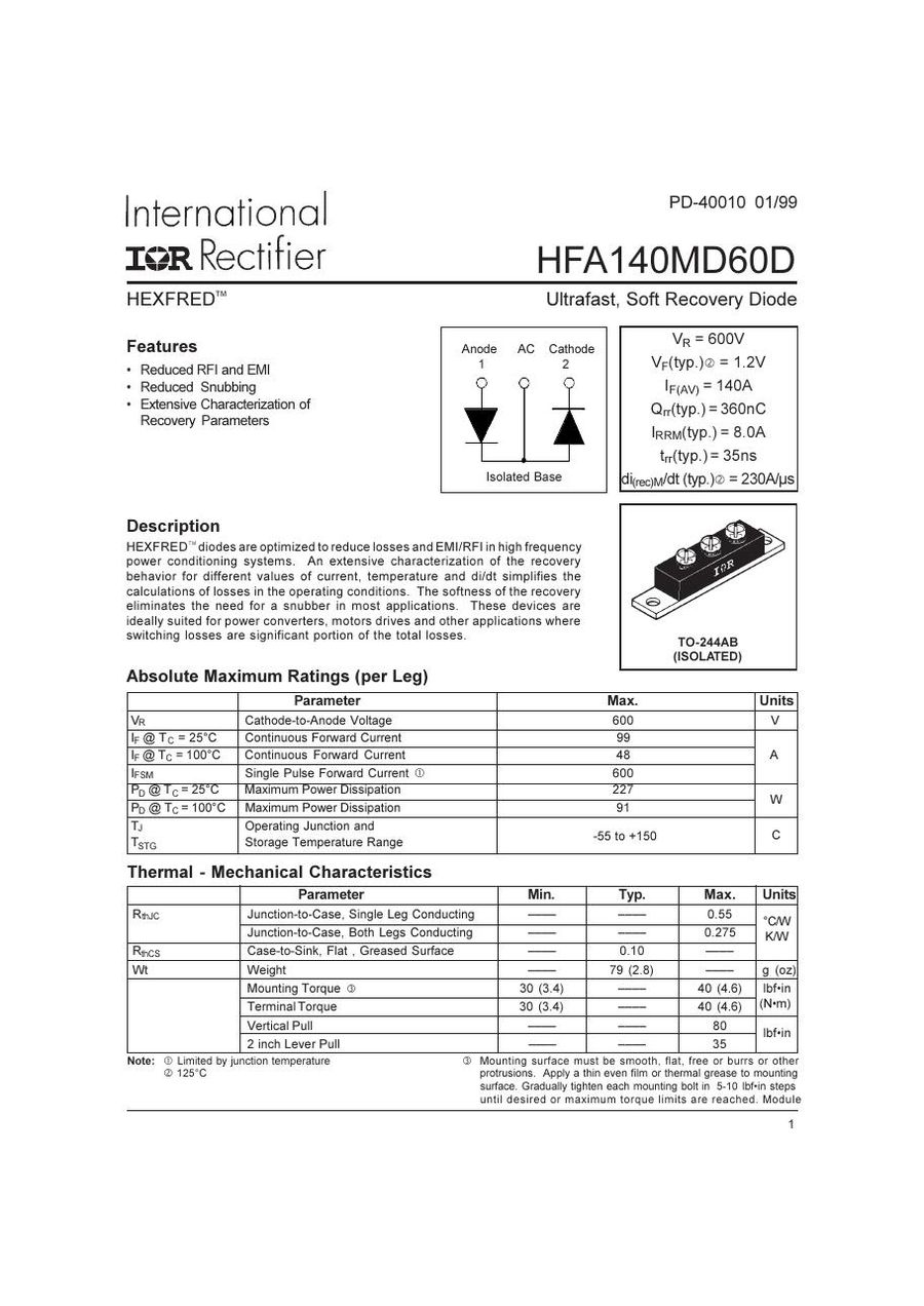 HFA140MD60D International Rectifier Rectifier & Schottky Diodes