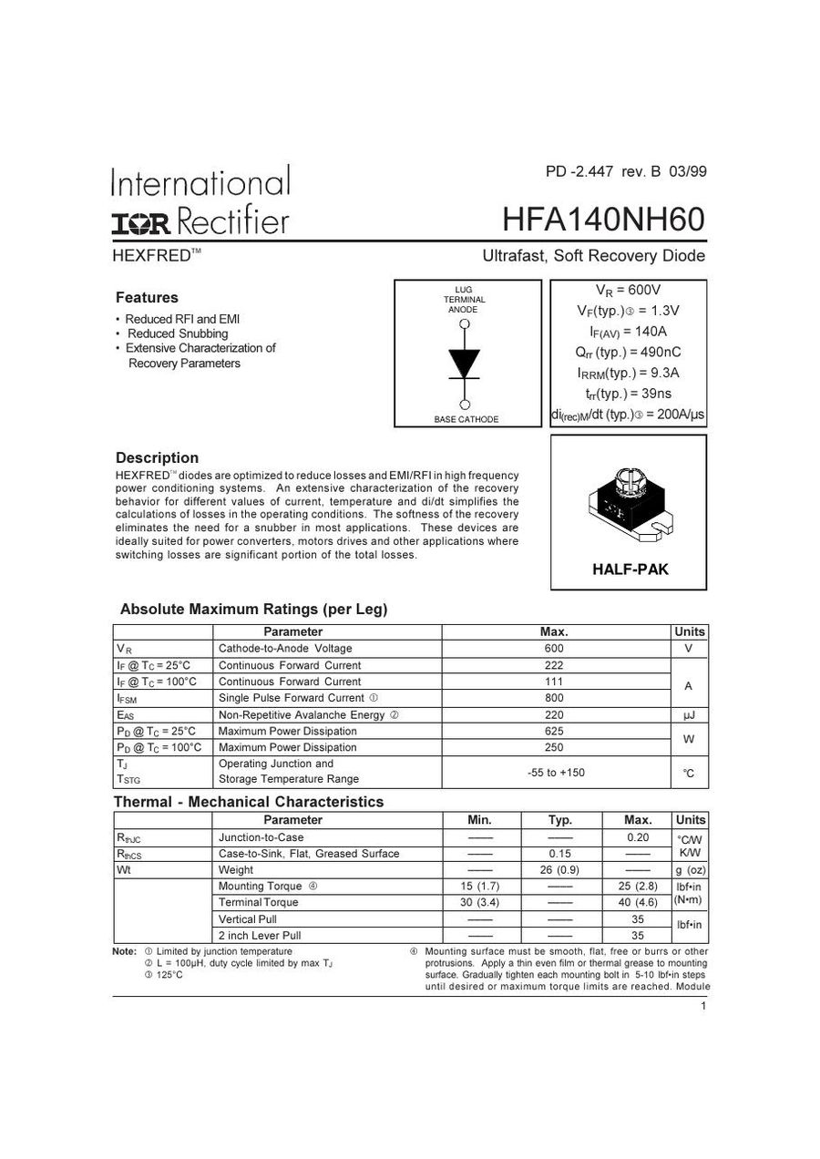 HFA140NH60 International Rectifier Rectifier & Schottky Diodes