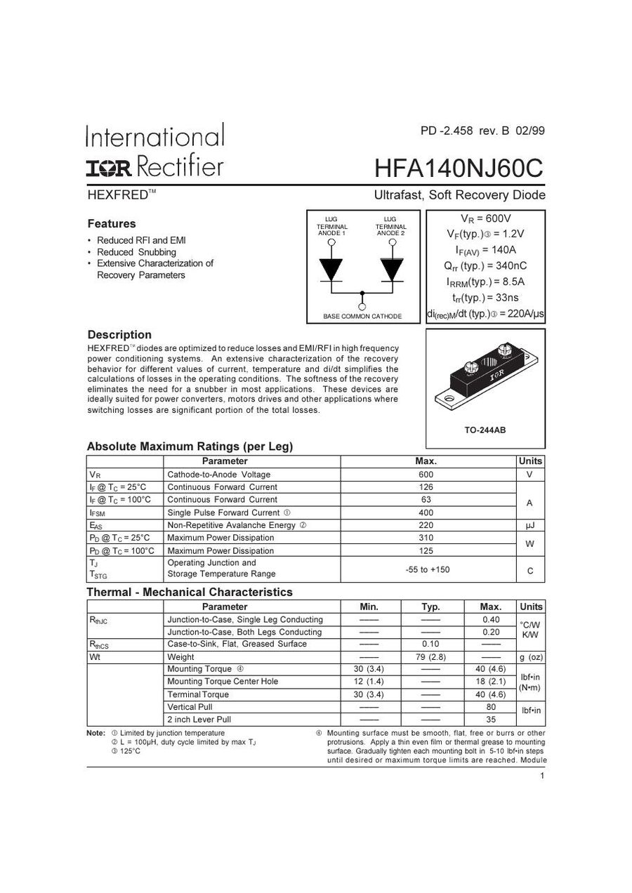HFA140NJ60C International Rectifier Rectifier & Schottky Diodes