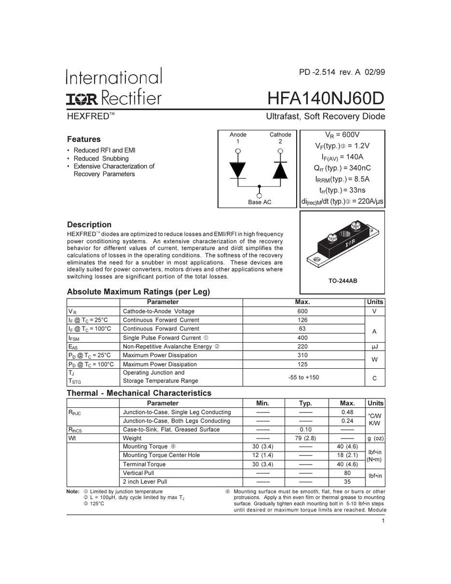 HFA160MD40C International Rectifier Rectifier & Schottky Diodes