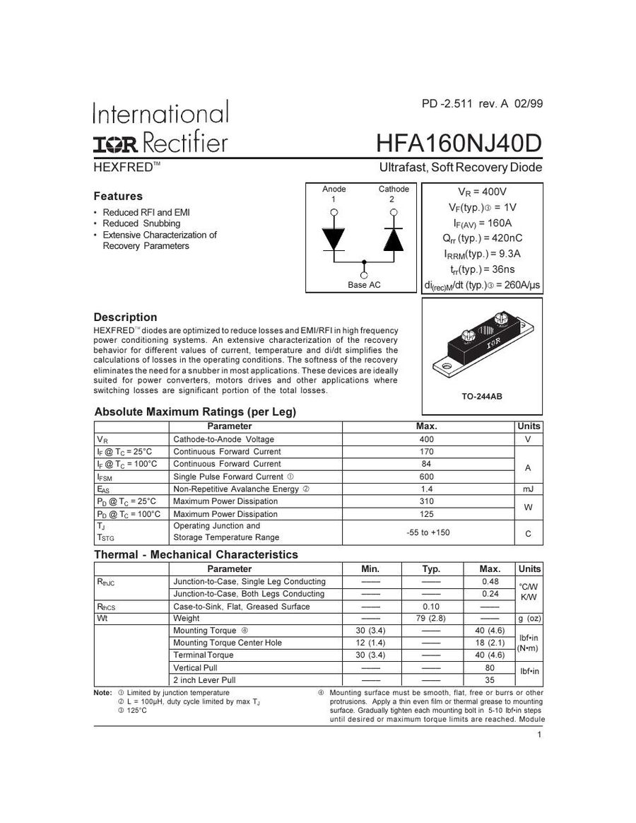 HFA160NJ40D International Rectifier Rectifier & Schottky Diodes