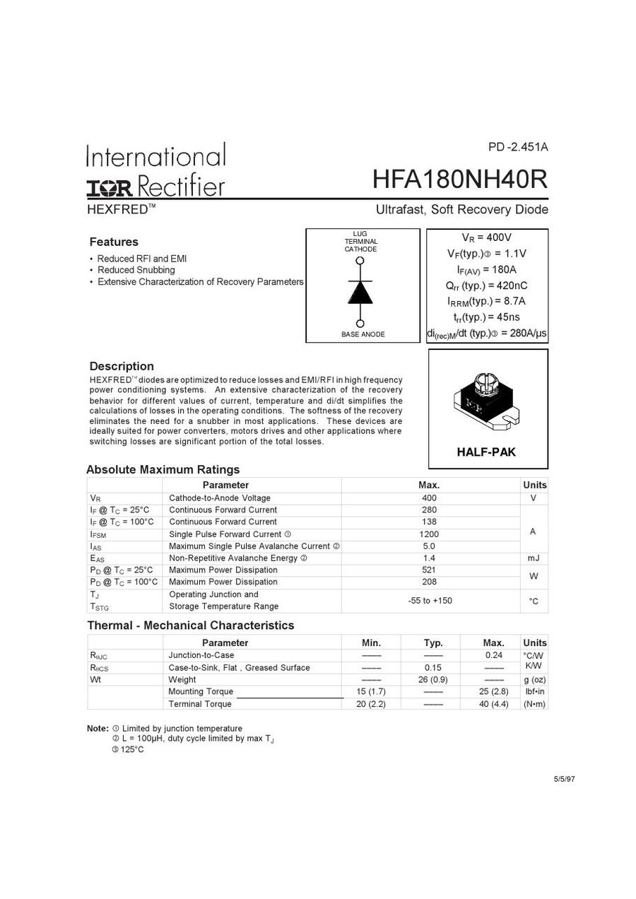 HFA180NH40R International Rectifier Rectifier & Schottky Diodes
