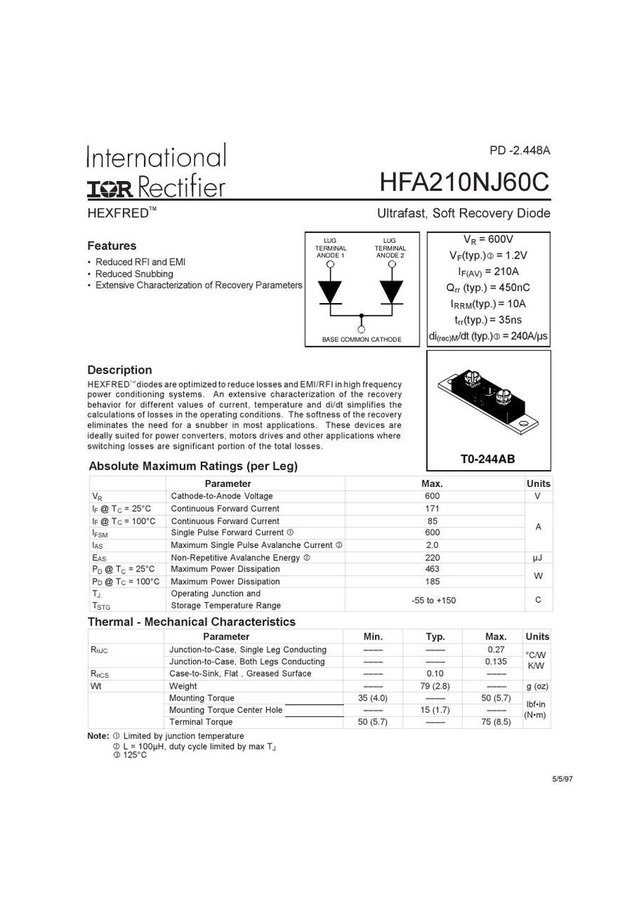 HFA210NJ60C International Rectifier Rectifier & Schottky Diodes
