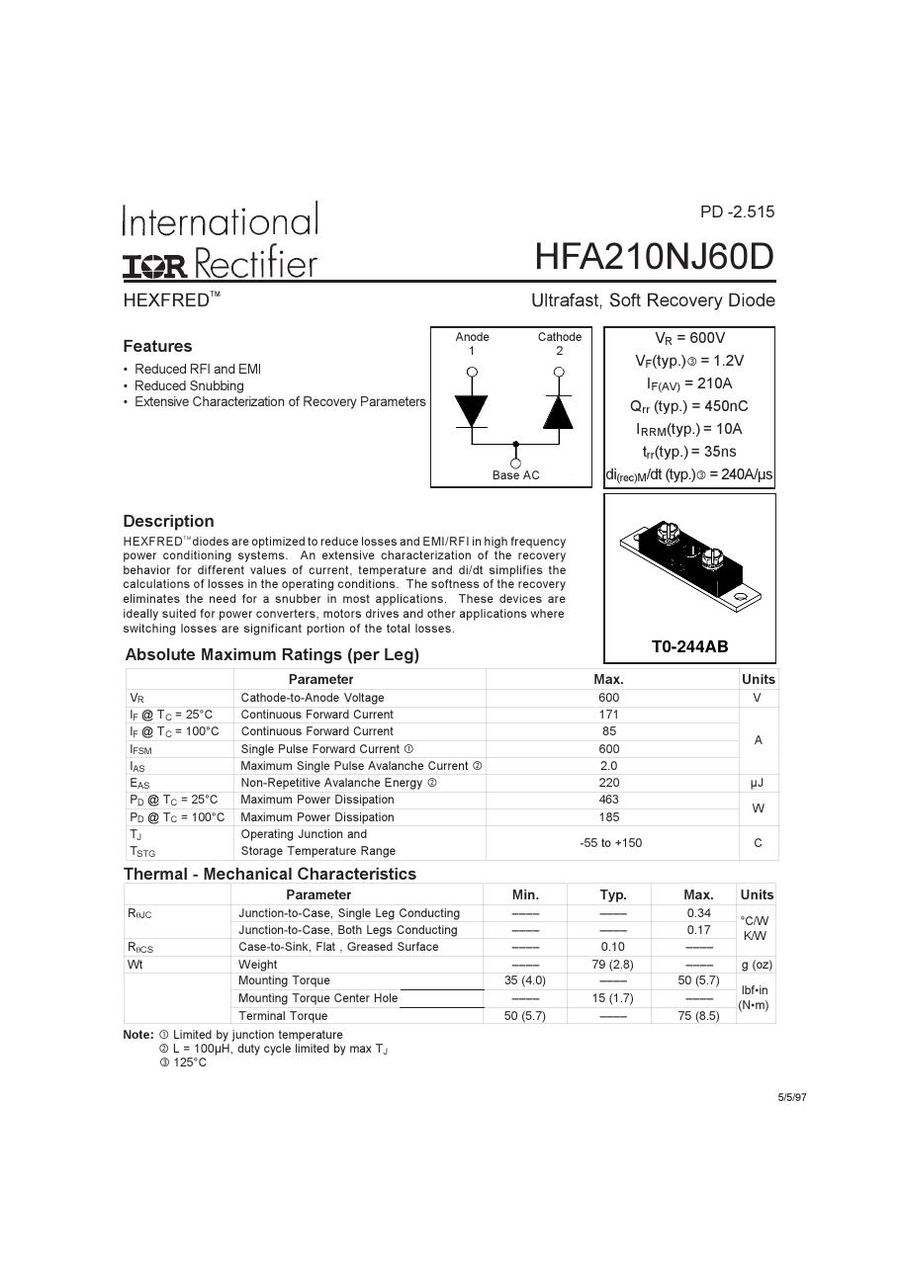HFA210NJ60D International Rectifier Rectifier & Schottky Diodes