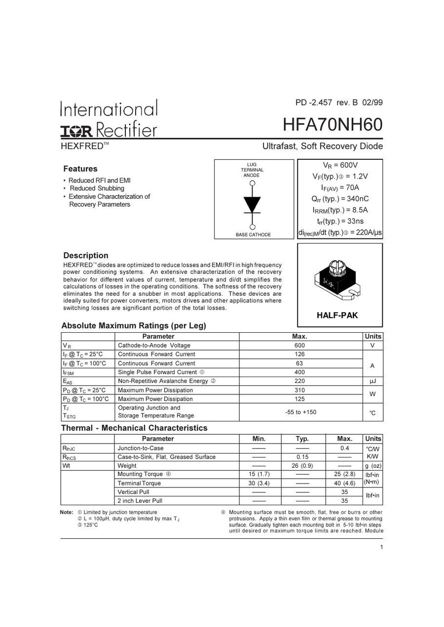 HFA70NH60 International Rectifier Rectifier & Schottky Diodes