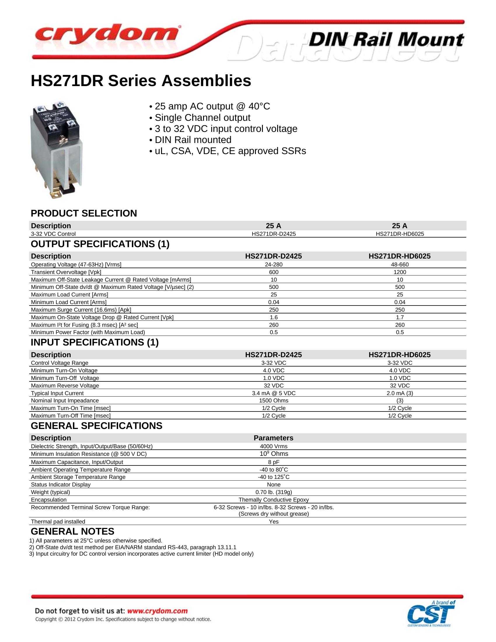 HS271DR-HD6025 Crydom Solid State Relays & I/O Modules