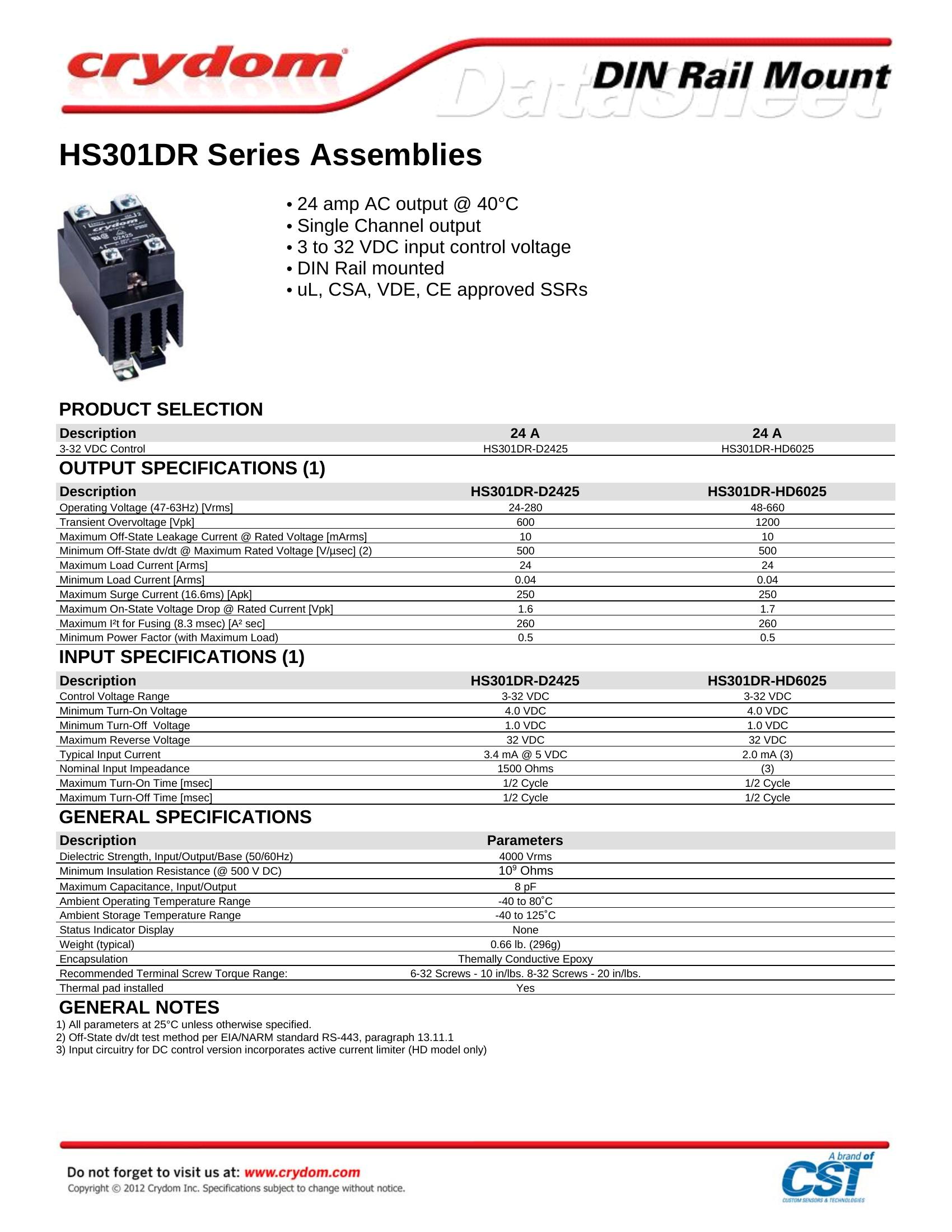HS301DR-D2425 Crydom Solid State Relays & I/O Modules